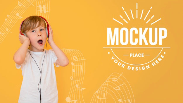 Free Boy Listening To Music Through Headphones With Background Mock-Up Psd