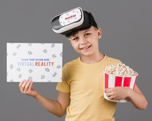 Free Boy Wearing Virtual Reality Headset With Card Mock-Up Psd
