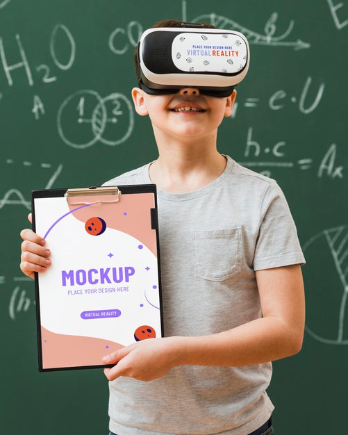 Free Boy Wearing Virtual Reality Headset With Clipboard Mock-Up Psd