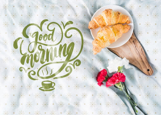 Free Breakfast In Bed With Croissants And Flowers Psd