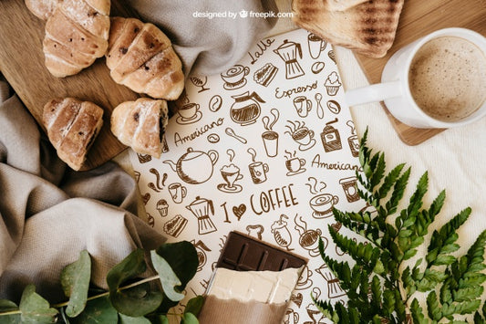 Free Breakfast Mockup With Paper, Croissants And Mug Psd