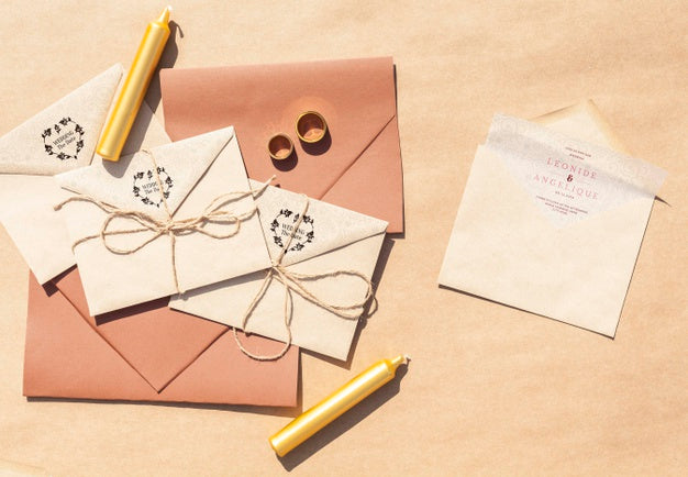 Free Brown Paper Envelopes With Wedding Invitations And Candles Psd