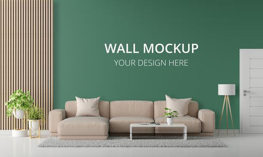 Free Brown Sofa In Green Living Room With Wall Mockup Psd