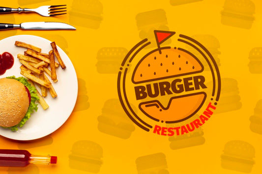 Free Burger Restaurant And Plate On Fast Food Doodle Background Psd