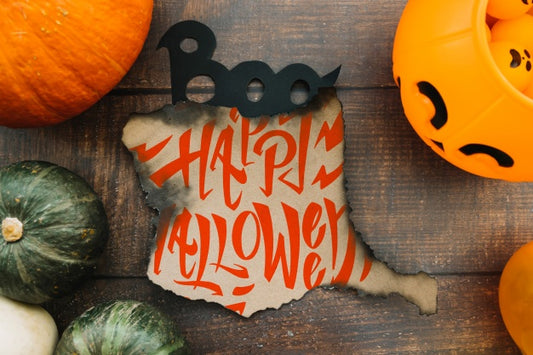 Free Burned Paper Mockup With Halloween Concept And Pumpkins Psd