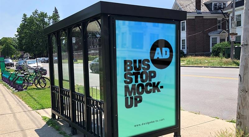 Free Bus Stop Advertising Signage On Sidewalk Mockup Psd
