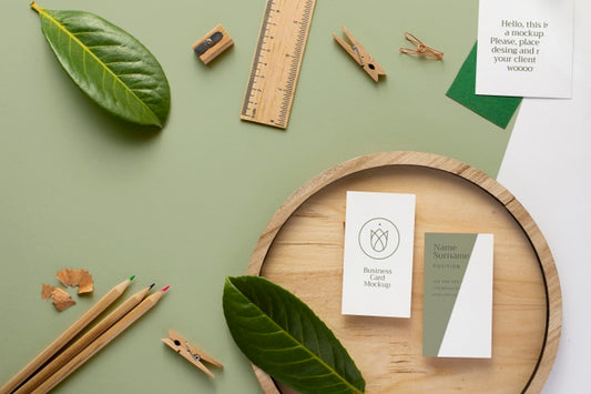 Free Business Cards On Wooden Board Flat Lay Psd
