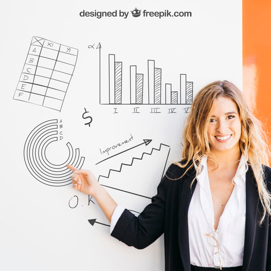 Free Business Mockup With Blonde Woman Pointing At Board Psd