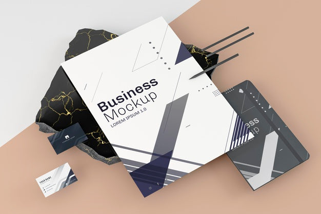 Free Business Stationery Mock-Up Arrangement High View Psd