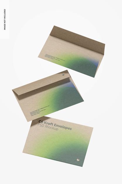 Free C6 Kraft Envelopes Mockup, Floating Psd