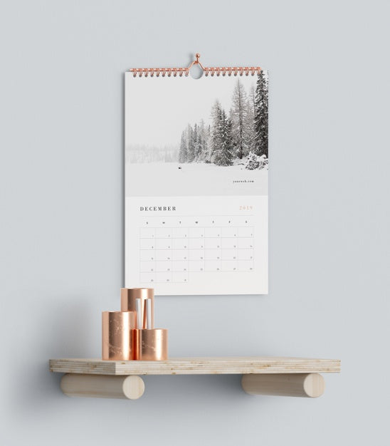Free Calendar Hookes On Wall Above Shelf Mock-Up Psd