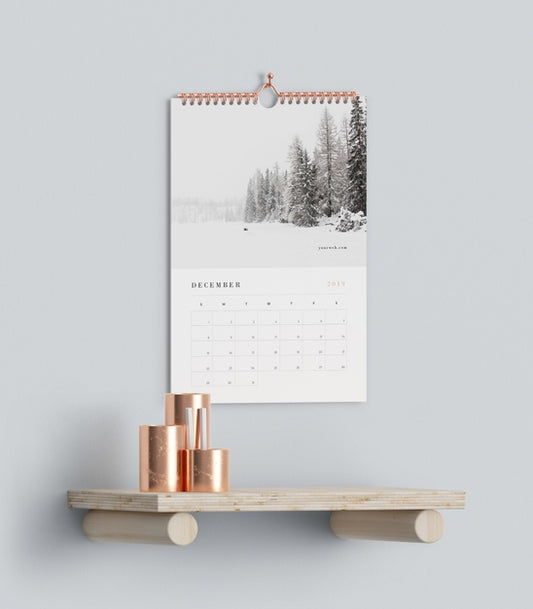 Free Calendar Hookes On Wall Above Shelf Mock-Up Psd