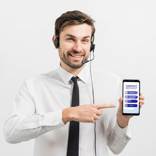 Free Call Center Operator Showing Mock-Up Mobile Phone Psd