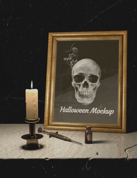 Free Candles And Halloween Mock-Up Frame With Skull Psd