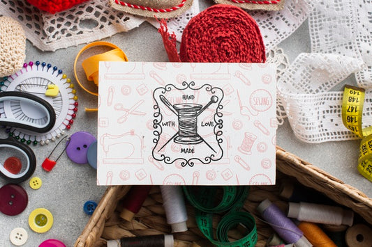 Free Card Mock-Up With Sewing Tools Psd