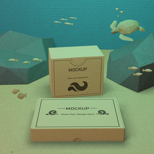 Free Cardboard Boxes And Sea Life With Mock-Up Concept Psd