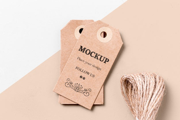 Free Cardboard Mock-Up Clothing Labels And Thread Psd