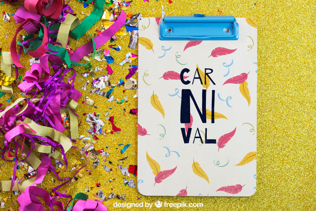 Free Carnival Mockup With Clipboard And Confetti On Left Psd