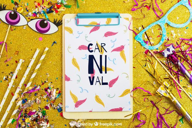 Free Carnival Mockup With Clipboard And Confetti Psd