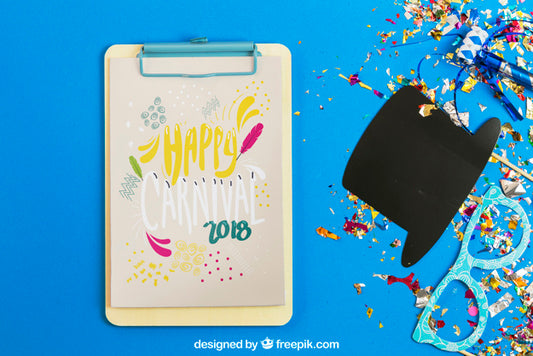 Free Carnival Mockup With Clipboard And Hat Psd