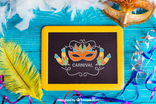 Free Carnival Mockup With Slate And Feathers Psd