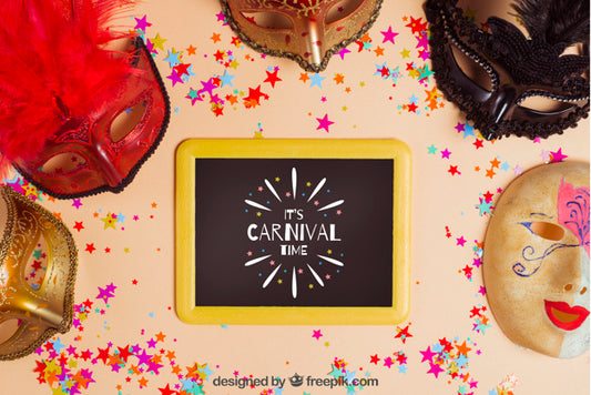 Free Carnival Mockup With Slate And Five Masks Psd