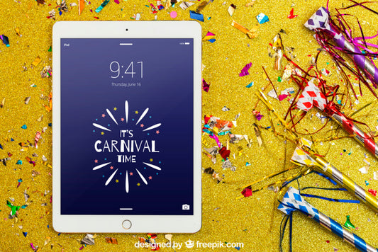 Free Carnival Mockup With Tablet And Confetti Psd