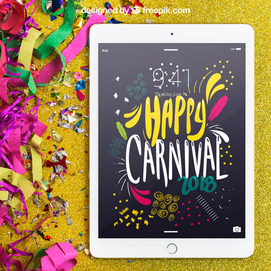 Free Carnival Mockup With White Tablet Psd