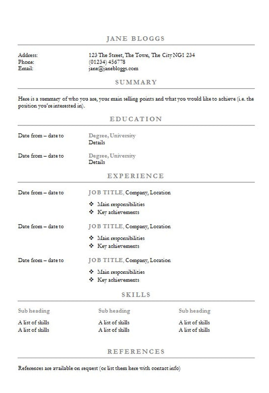 Free Centred Headings CV or Resume Template in Microsoft Word (DOCX) Format