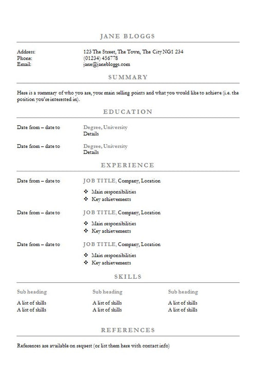 Free Centred Headings CV or Resume Template in Microsoft Word (DOCX) F