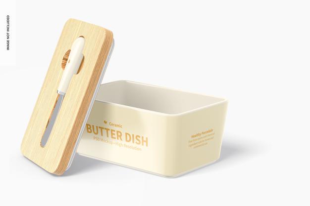 Free Ceramic Butter Dish With Bamboo Lid Mockup, Opened Psd