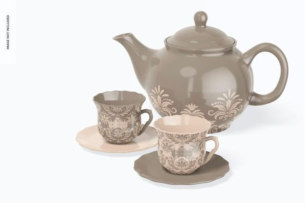 Free Ceramic Tea Mug And Plate With Teapot Mockup Psd