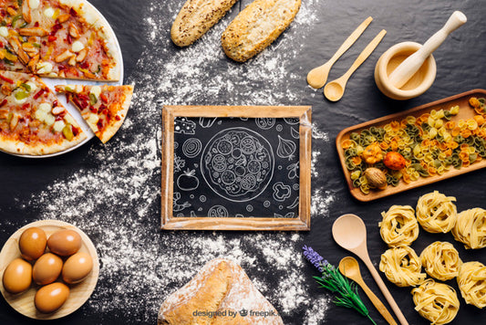 Free Chalkboard Mockup With Pizza Design Psd
