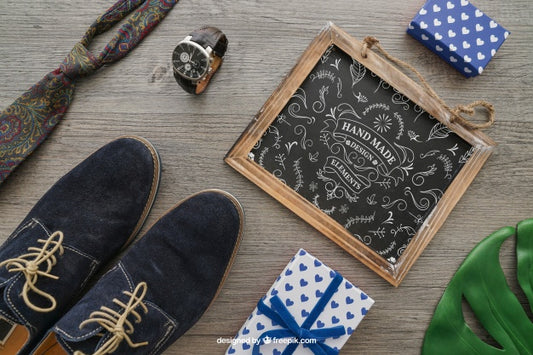 Free Chalkboard, Shoes, Tie, Watch And Gift Boxes Psd