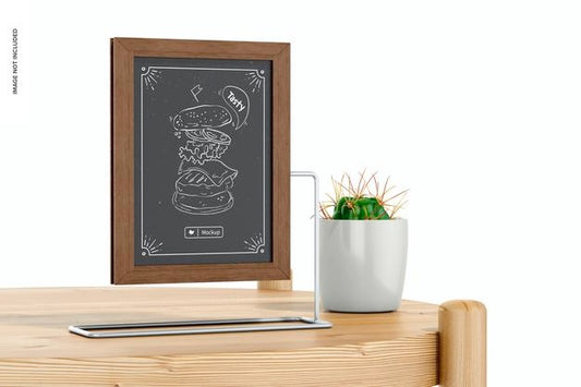 Free Chalkboard With Metal Stand On Table Mockup Psd