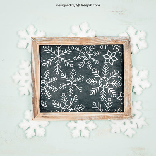 Free Chalkboard With Snowflakes Mockup With Christmtas Design Psd