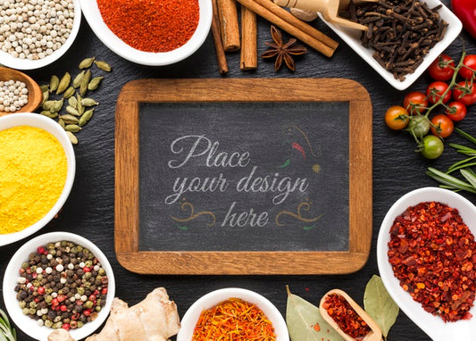 Free Chalkboard With Wooden Frame Mock-Up Surrounded By Spices And Herbs Psd