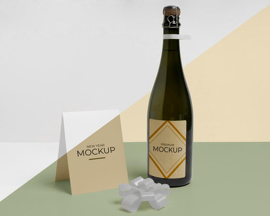 Free Champagne Bottle Mock-Up And Ribbon Bow Psd