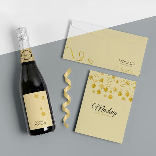 Free Champagne Bottle Mock-Up Invitation And Envelope Psd