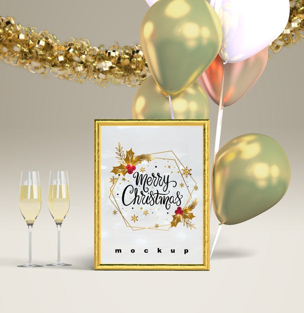 Free Champagne With Christmas Frame Mock-Up Psd