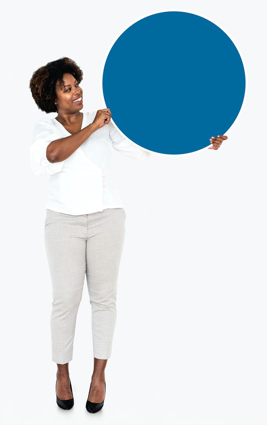 Free Cheerful Businesswoman Holding A Blue Round Board