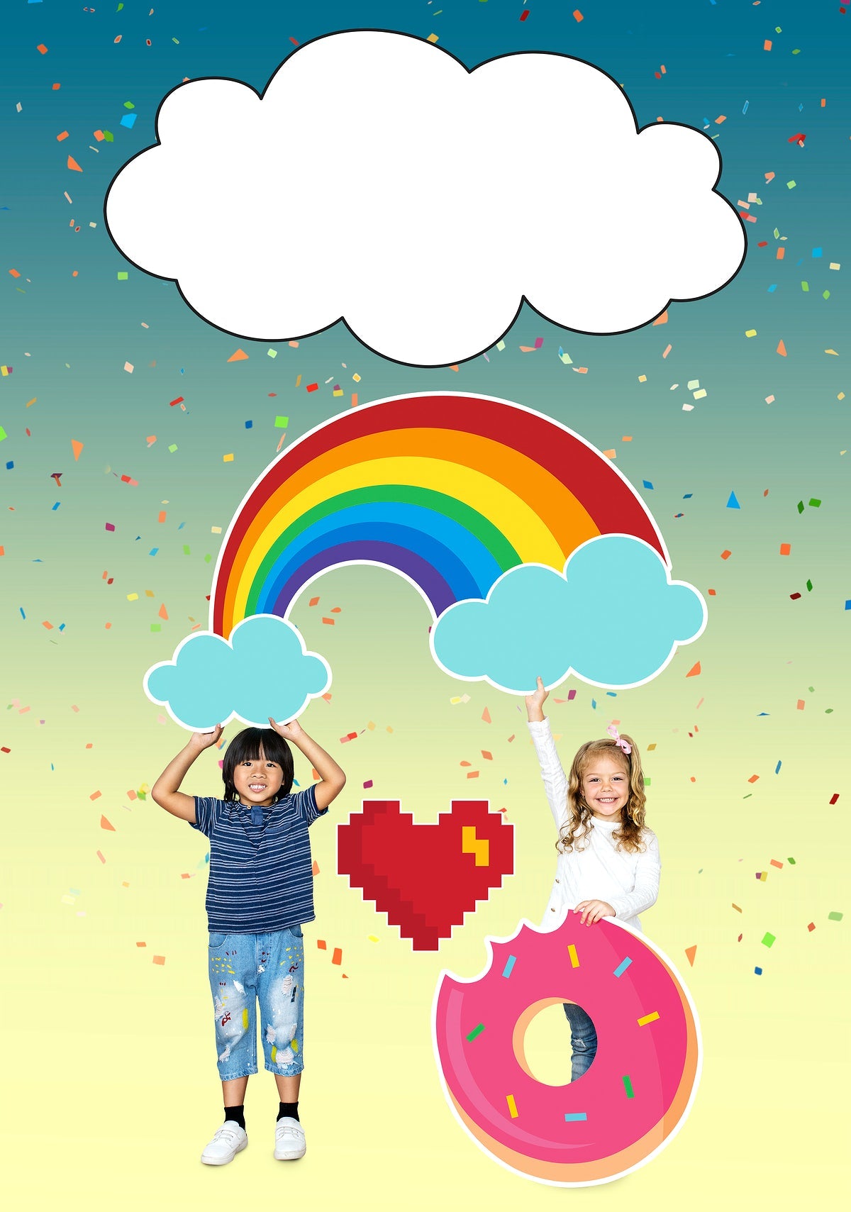 Free Cheerful Kids With A Rainbow And A Donut Icon