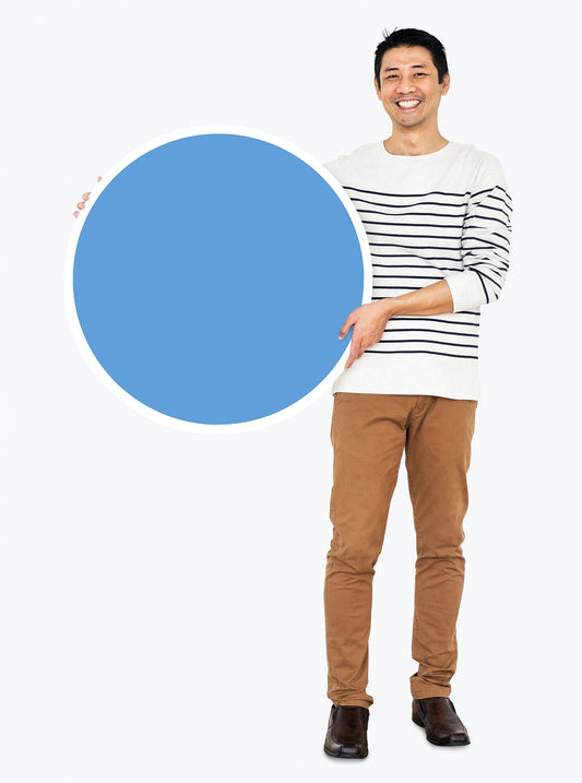 Free Cheerful Man Holding A Blank Blue Circle