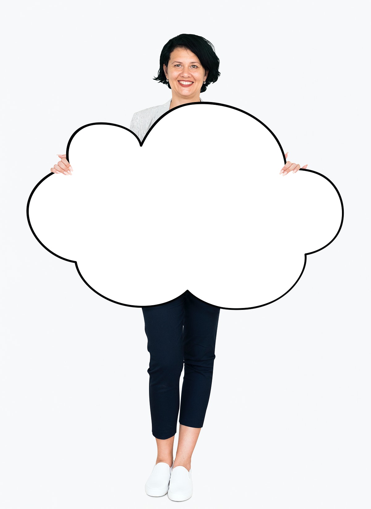 Free Cheerful Woman Showing A Blank White Cloud