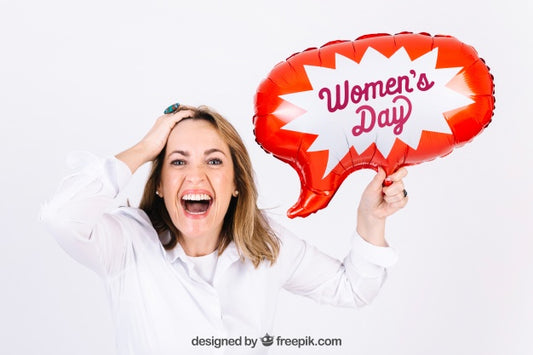 Free Cheerful Woman With Speech Bubble Balloon For Event Psd