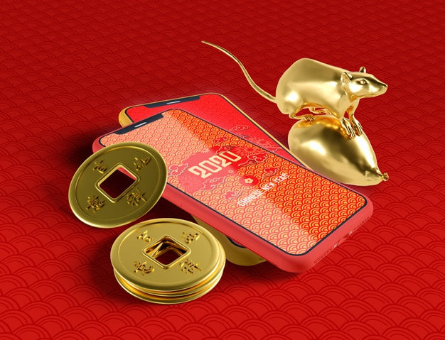 Free Chinese New Year Concept With Phone Mock-Up And Golden Rat Psd