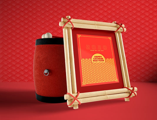 Free Chinese New Year Illustration With Drum And Frame Mock-Up Psd