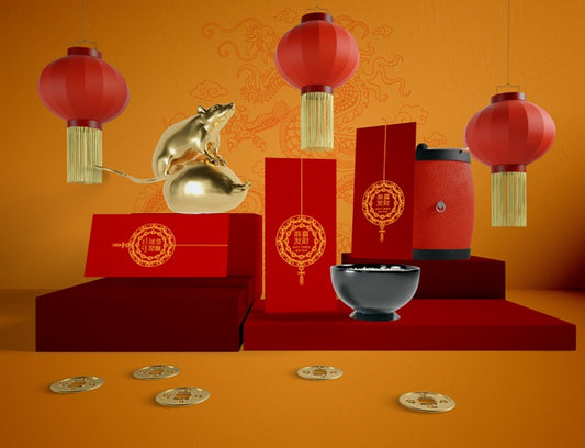 Free Chinese New Year Illustration With Greeting Cards And Golden Rat Psd