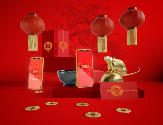 Free Chinese New Year Illustration With Phones Mock-Up Psd
