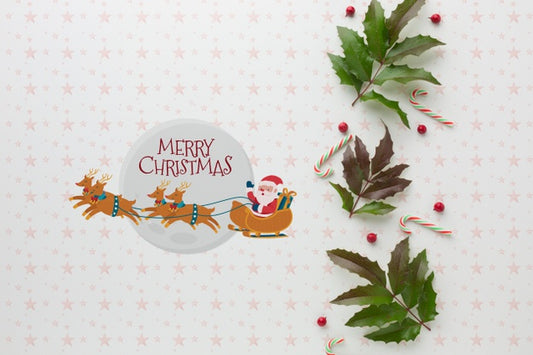 Free Christmas Composition With Green Leaves Top View Psd